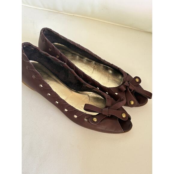 Key Te Peep Toe Flats 10.5 Brown Leather Made in Italy Academia Prep Old Money - Picture 2 of 6